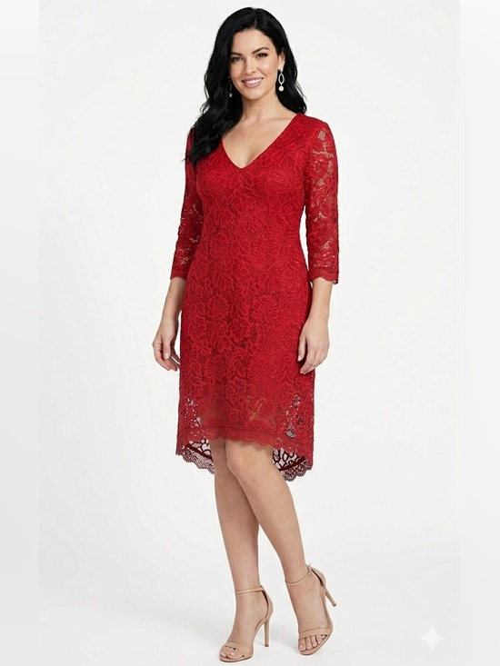 Guess Dresses & Skirts - Guess Women Lace Red Dress with Metallic Brand Tag ( Guess) V-Neck 3/4 Sleeves